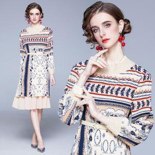 Long-sleeve Printed Midi A-line Knit Dress Almond - One Size