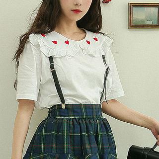 Frilled Capelet Heart-embroidered Top
