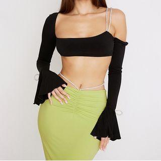 Flared-cuff Cold-shoulder Crop Top