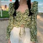 Long-sleeve Floral Drawstring Cropped Blouse Green - One Size