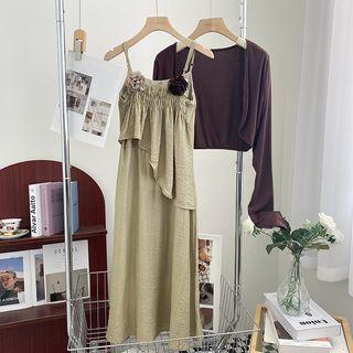 Set : Floral Pleated A-line Dress + Plain Cardigan