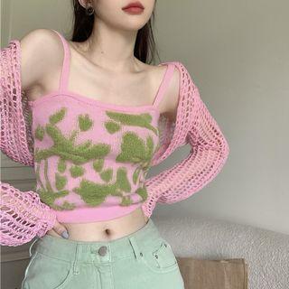 Floral Embroidered Knit Camisole Top / Pointelle Knit Cardigan