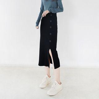 Buttoned Slit Midi Pencil Knit Skirt