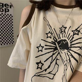 Cold-shoulder Print T-shirt