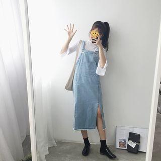 Pocketed Fray Hem Denim Pinafore Dress