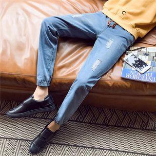 Slim-fit Drawstring Distressed Washed Jeans