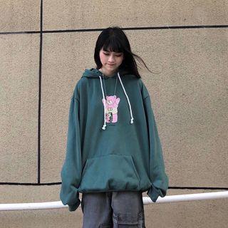 Long-sleeve Bear Printed Hoodie As Shown In Figure - One Size