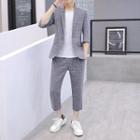 Set: Single-button Elbow-sleeve Blazer + Cropped Straight-fit Pants