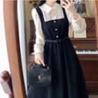 Mock Two-piece Lace Panel Midi Shirt Dress