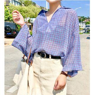 Plaid V-neck 3/4-sleeve Chiffon Blouse