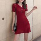 Short-sleeve Button Accent Ribbed Knit Dress