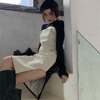 Long-sleeve Cutout Top / Color Block A-line Skirt