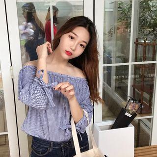 Off-shoulder Plaid 3/4-sleeve Top Navy Blue - One Size