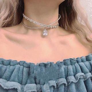 Rhinestone Water Drop Choker Necklace Silver - One Size