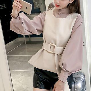 Set: Tie Waist Vest + Lantern-sleeve Blouse