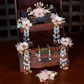 Set: Wedding Branches Hair Clip + Hair Stick + Hair Comb + Dangle Earring Set - Gold - One Size