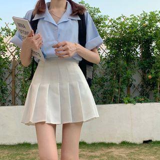 Short-sleeve Plain Shirt / High-waist Pleated Skirt