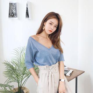 Deep V-neck Elbow-sleeve Knit Top