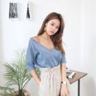 Deep V-neck Elbow-sleeve Knit Top