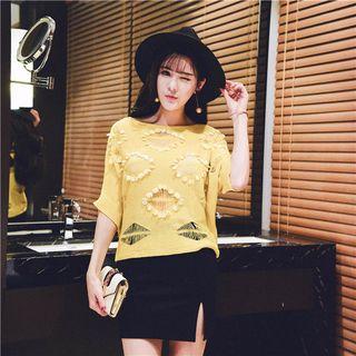 3/4-sleeve Sequined Knit Top