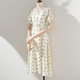 Puff-sleeve Square-neck Polka Dot Dress