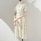 Puff-sleeve Square-neck Polka Dot Dress