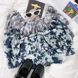 Short-sleeve Floral Chiffon Cropped Top