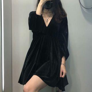 V-neck Plain Mini A-line Dress