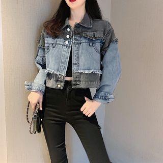 Color-block Frayed Denim Jacket