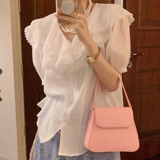Puff-sleeve Lace Panel Ruffle Shirt