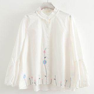 Floral Embroidery Band-neck Shirt