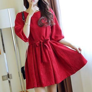 Plain Elbow Sleeve Corduroy Dress