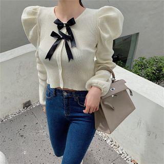 Puff-sleeve Bow-accent Knit Top