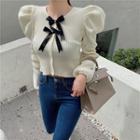 Puff-sleeve Bow-accent Knit Top