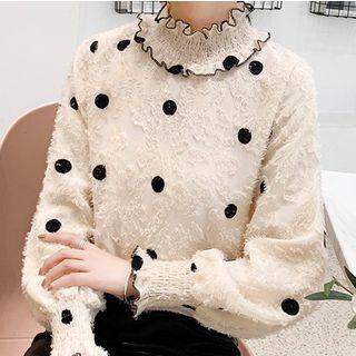 Mock Neck Frilled Trim Dotted Lace Top