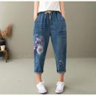 Drawstring-waist Floral Embroidered Cropped Jeans