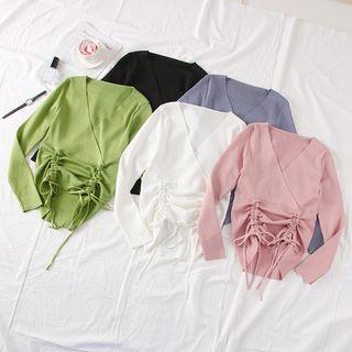 Drawstring V-neck Crop Knit Top