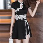 Set: Short-sleeve Lace Trim Mini A-line Qipao Dress + Shorts