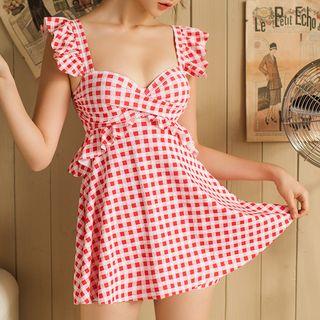 Check Ruffle Trim Swim Dress