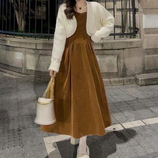 Long Sleeve Corduroy Maxi Dress / Plain Tie-waist Long Coat / Long-sleeve Plain Knit Cardigan