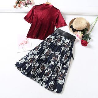 Set: Velvet Short-sleeve T-shirt + Flower Print Midi A-line Skirt