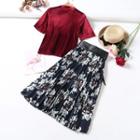 Set: Velvet Short-sleeve T-shirt + Flower Print Midi A-line Skirt