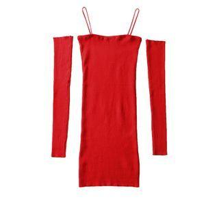Set: Spaghetti Strap Mini Bodycon Dress + Arm Sleeves