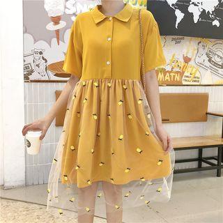 Pineapple Embroidered Short-sleeve Shirt Dress
