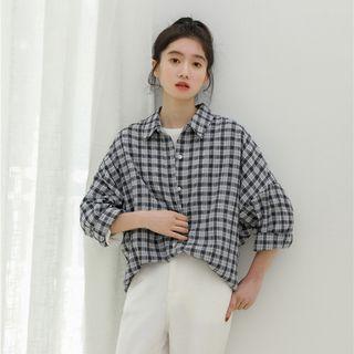 3/4-sleeve Plaid Shirt Plaid - Black & White - One Size