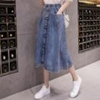 Frog-button Denim A-line Skirt