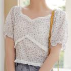 Contrast Trim Puff-sleeve Floral Cropped Blouse