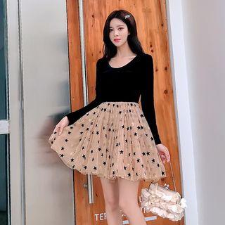 Long-sleeve Star Pattern Mesh A-line Dress