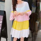 3/4-sleeve Tiered Chiffon A-line Dress Dress - Pink & Yellow & White - One Size