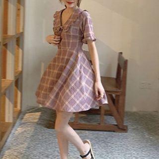 Ruffle Trim Collar Plaid Mini A-line Dress